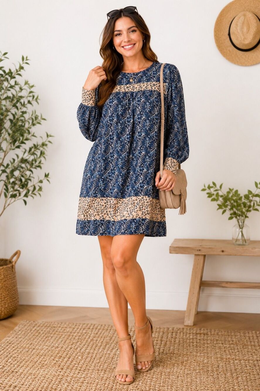 CHAPS Blue Paisley Shift Dress Leopard Trim Long Sleeve Boho Size Medium D-1